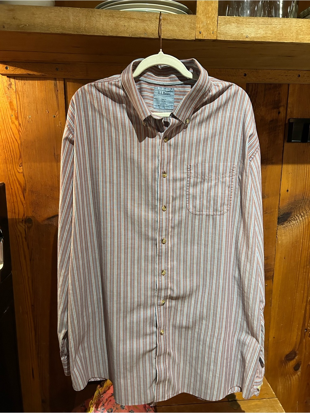L.L. Bean Men's Red and White Striped Button-Down Shirt